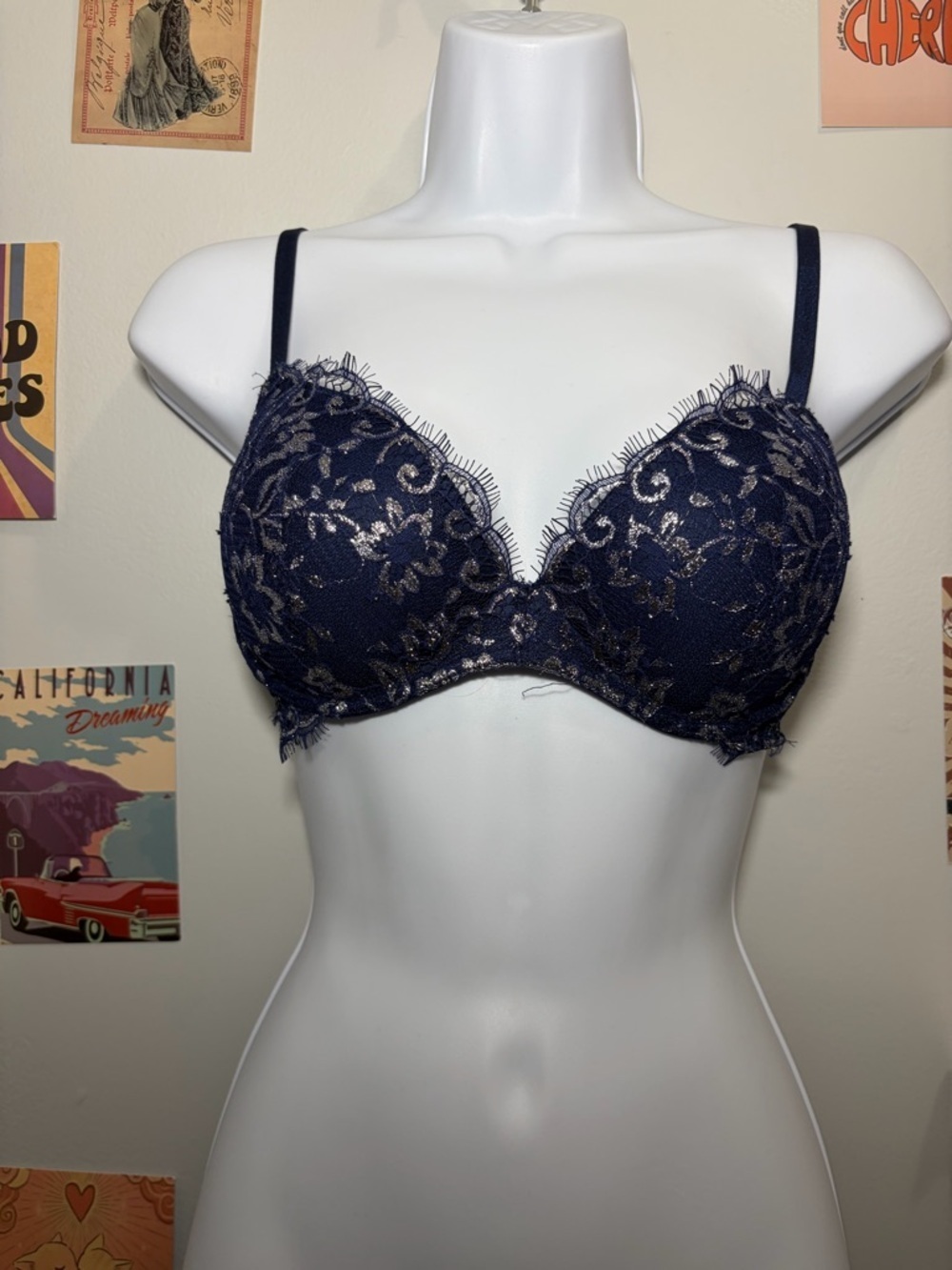 Victoria's Secret Navy Bra with Gold Lace Overlay